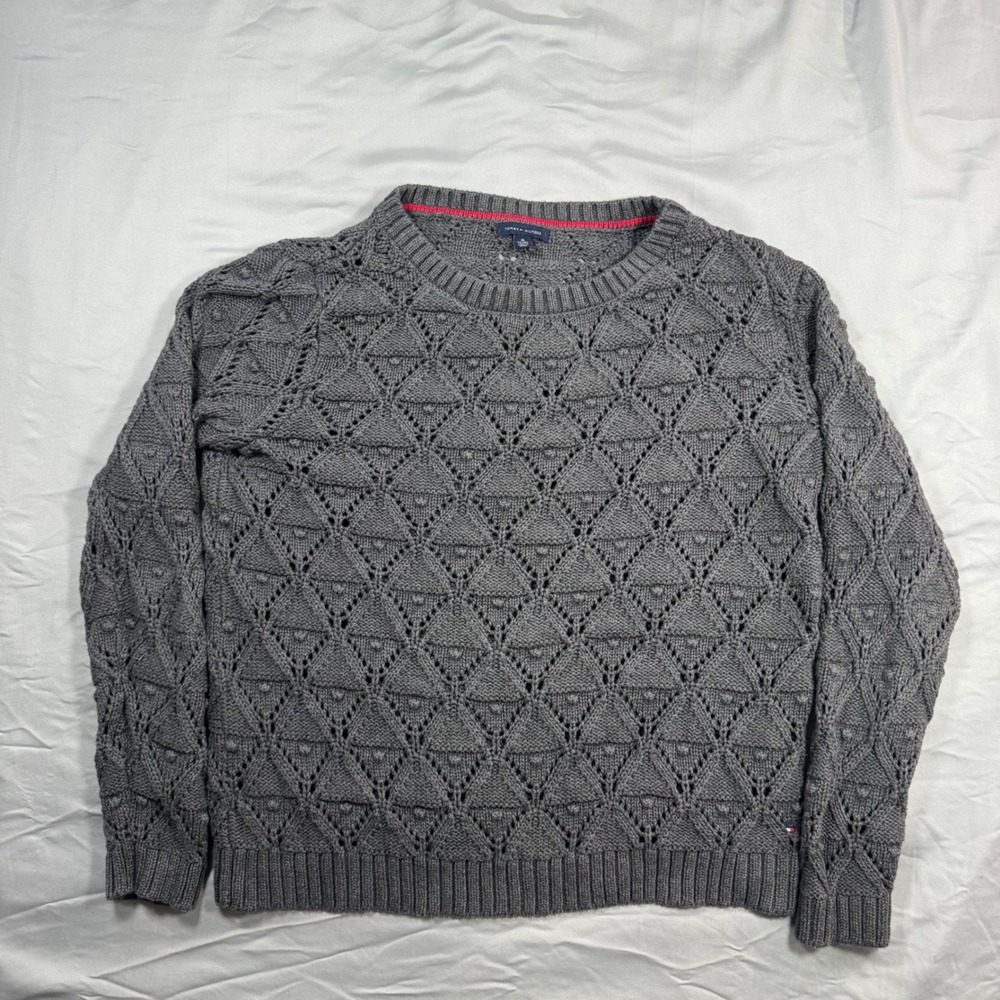 Tommy Hilfiger Mens XL Grey Geometric Open Knit Crew Neck Sweater Chunky